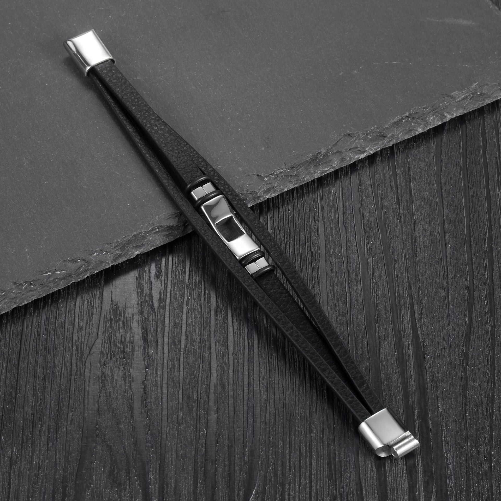 Wholesale multi-layer leather rope bracelet simple leather titanium steel bracelet men' s cross-border jewelry