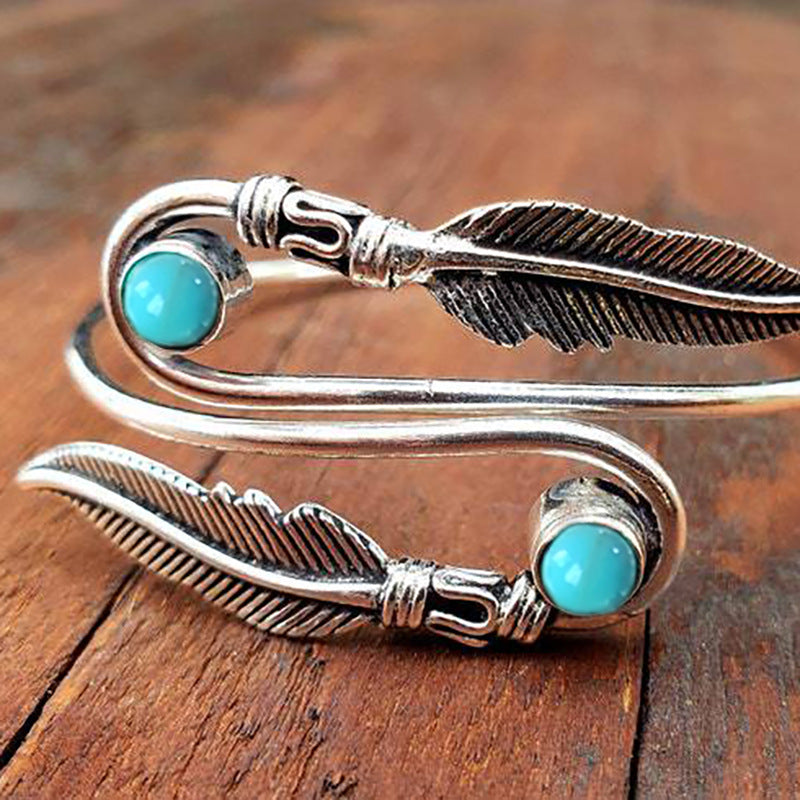 Wholesale Metal Electroplated Bohemian Feather Adjustable Turquoise Bracelet Jewelry Accessory Gift