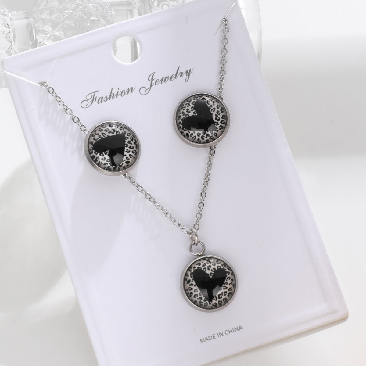 Wholesale Valentine's Day Round Leopard Print Love Earrings Necklace Set