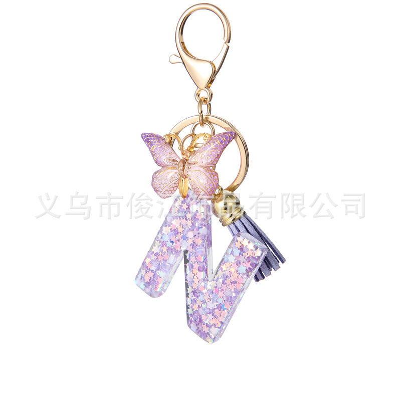 Wholesale Purple Star Tassel Resin Keychain 26 English Letters Bag Charm For Women Students Fashion Decorative Accessory
