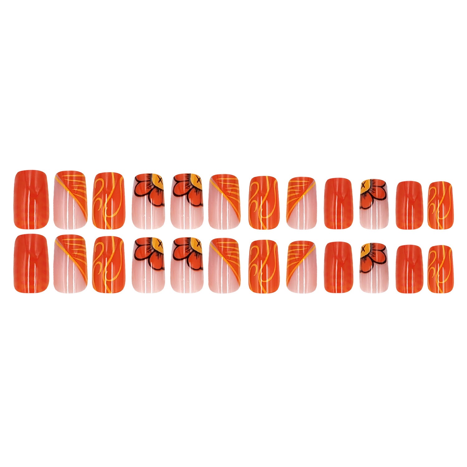 Wholesale 24 Pieces/box Short Square Orange Flower Striped Manicure Press-on Nails Kits Nail Stickers ACC-NS-NaiEr005