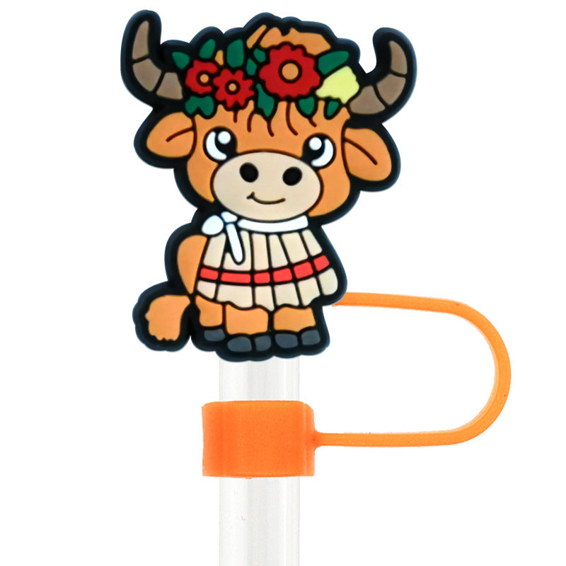 Wholesale Random 100pcs Cartoon West Highland Cattle 10mm Straw Tube Cap ACC-SCR-RYY064