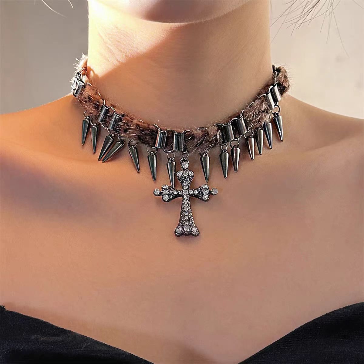 Wholesale Brown Leopard Stud Cross Pendant Necklace