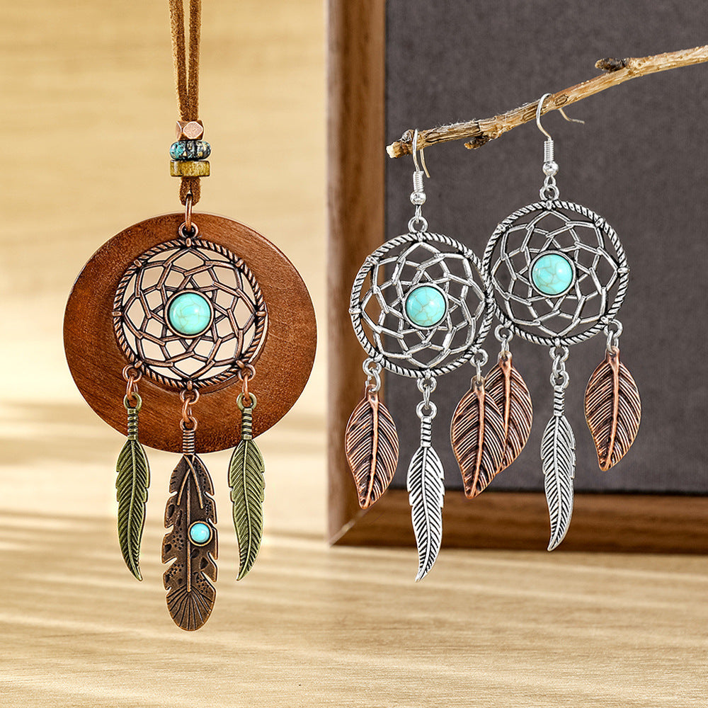 Wholesale Dream Catcher  Web Earrings and Necklace Set,  Alloy with Feather Tassel,  Ethnic Style Jewelry for Gift,  Party,  or Resale