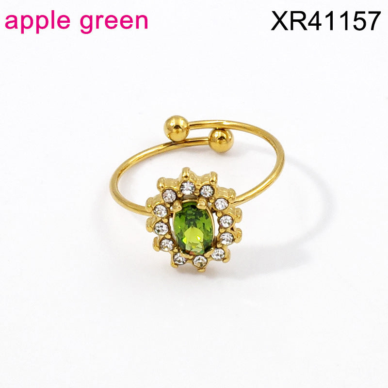 Wholesale Adjustable Flower Design Stainless Steel Open Ring with Colored Gemstones Fashion Jewelry Accessory