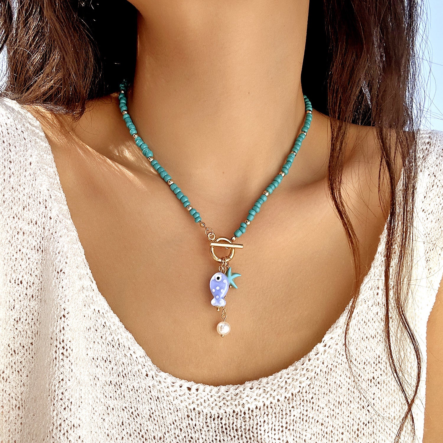 Wholesale Blue Rice Beads Double Layer Fish Starfish Necklace Boutique Resale Jewelry Accessory