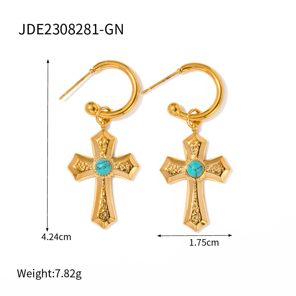 Wholesale Natural Stone Gold Beads Cross Pendant Earrings ACC-ES-WanX007