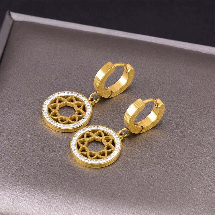 Wholesale Titanium Steel full diamond round pendant mid-length flower earrings