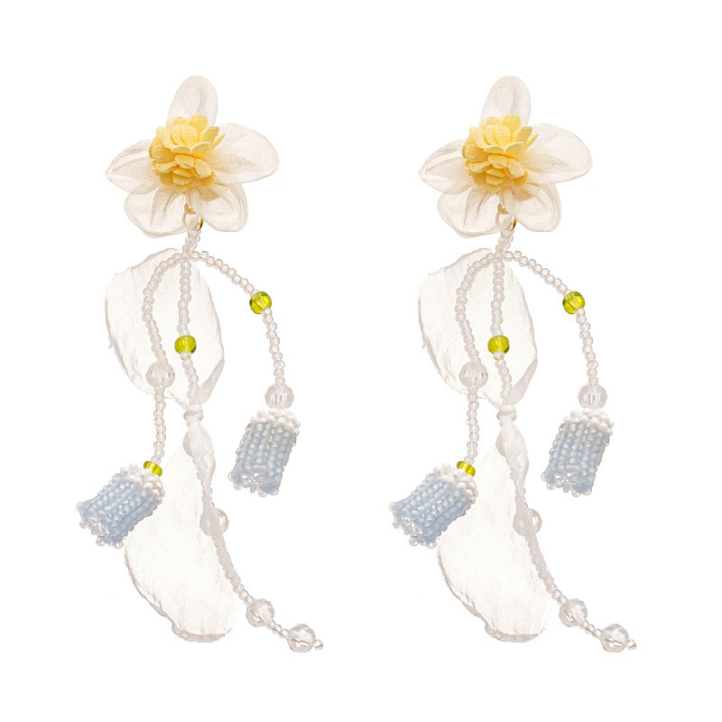 Wholesale  Lace Flower Glaze Rice Beads Tassel Silver Pin Earrings