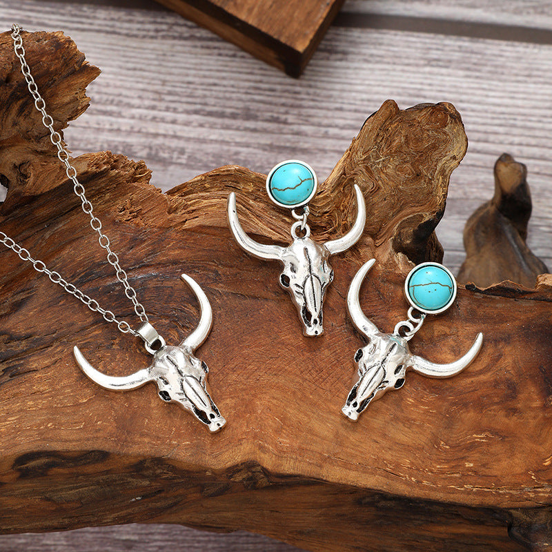 Wholesale three-piece set summer beach style alloy cow head silver chain alloy jewelry suit