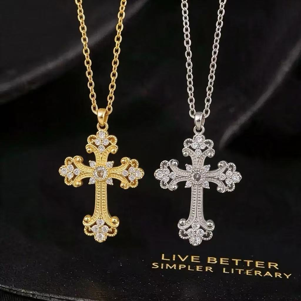 Wholesale Retro Chic Rhinestone Cross Pendant Necklace Gold Tone Copper Zircon O Chain Fashion Accessory Boutique Resale