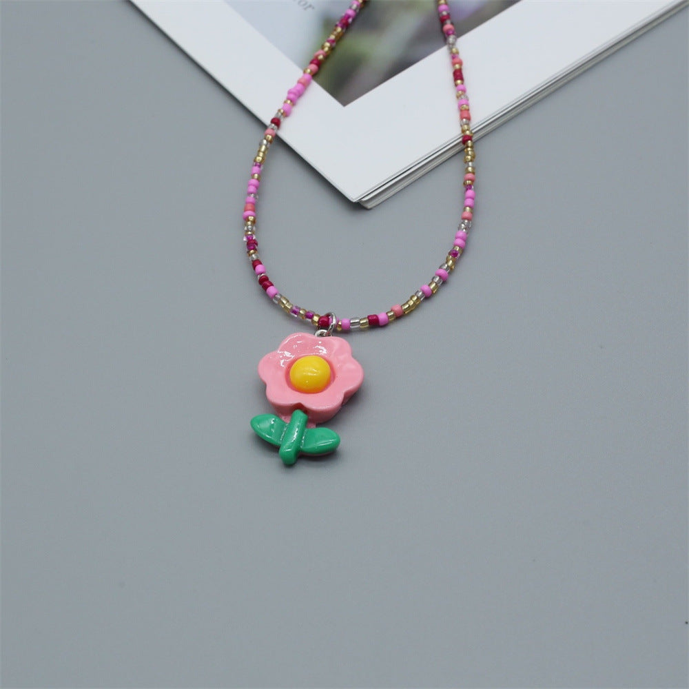 Wholesale  cute girl small rice beads necklace sunflower flower pendant clavicle chain