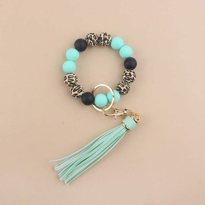 Wholesale  leopard silicone hand beaded bracelet handmade tassel bracelet keychain