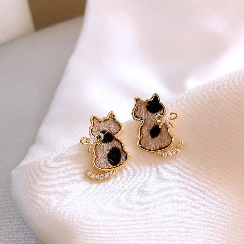 Wholesale Light Luxury Leopard Print Kitten Earrings Diamond Inlay Alloy Jewelry Gift for Party Boutique Resale