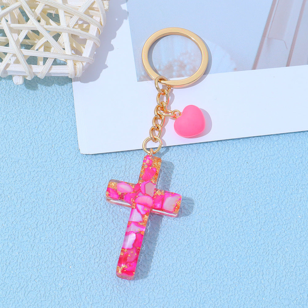 Wholesale Trendy Resin Cross Keychain with Glitter Filled Pendant,  Fashion Accessory for Girls