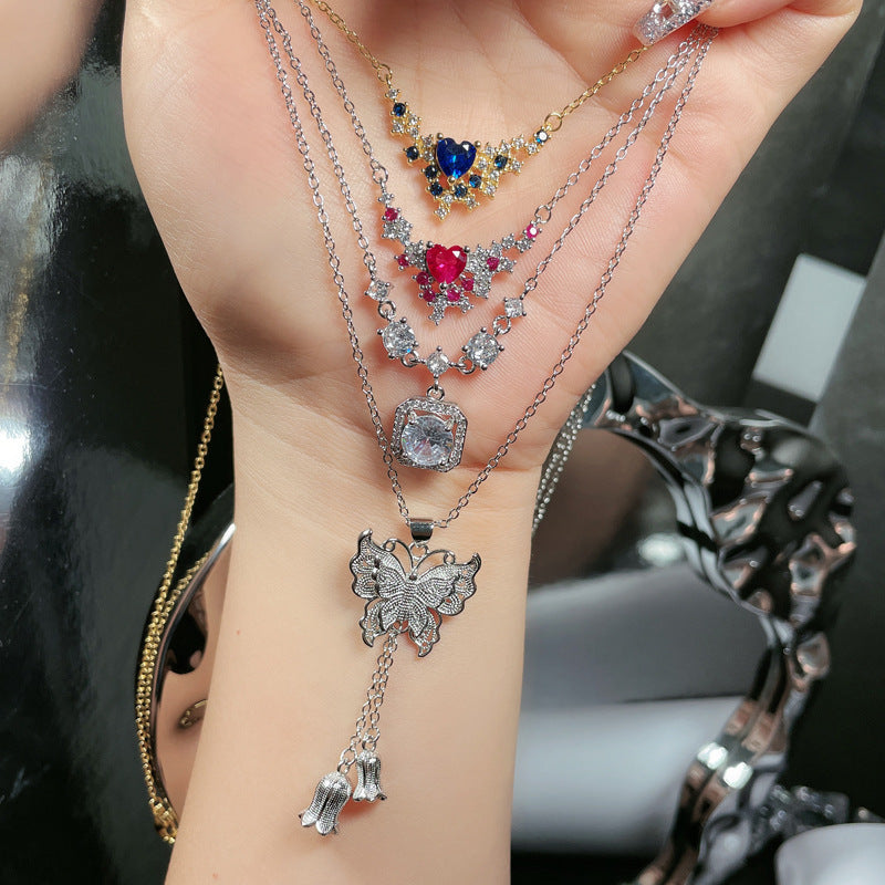 Wholesale  Light Luxury Geometric Butterfly Red and Blue Love Zircon Necklace