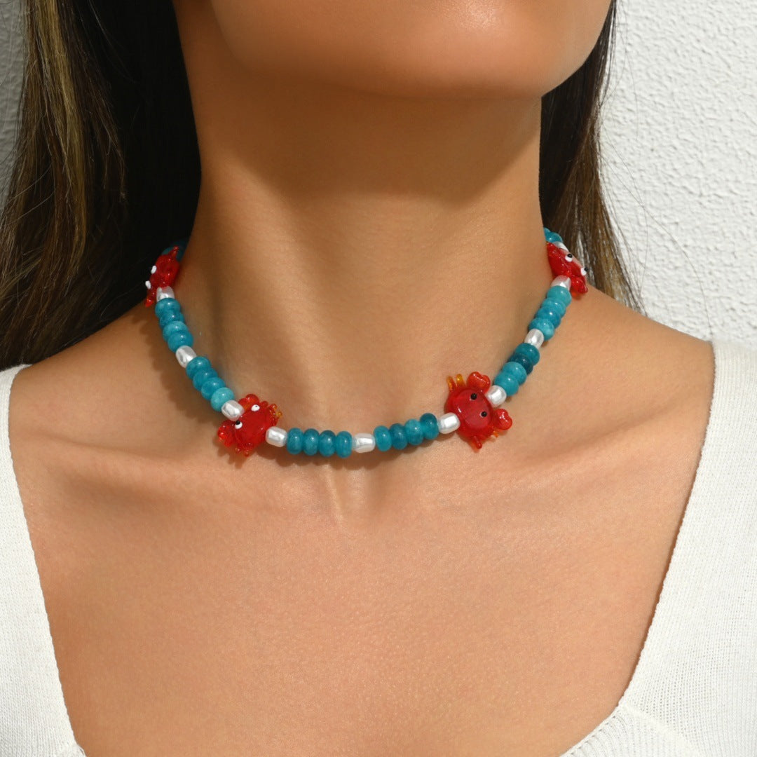 Wholesale Ocean Style Crab Necklace Blue Natural Stone Pearl Beaded Bohemian Style Clavicle Necklace