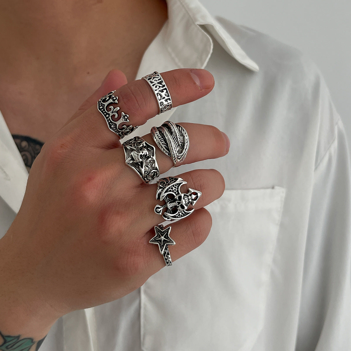 Wholesale Alloy Antique Silver Ring Set  Gothic Snake Bat Motif Fashion Accessory
