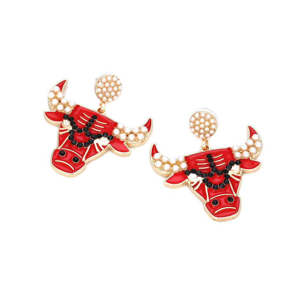 Wholesale Exaggerated Enamel Pearl Bull Head Earrings