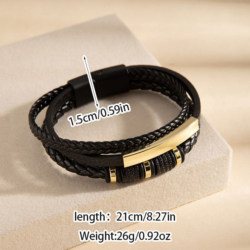Wholesale Woven PU Leather Men S Fashion Bracelet Three Layer Design With Engravable Alloy Magnetic Clasp Everyday Accessory