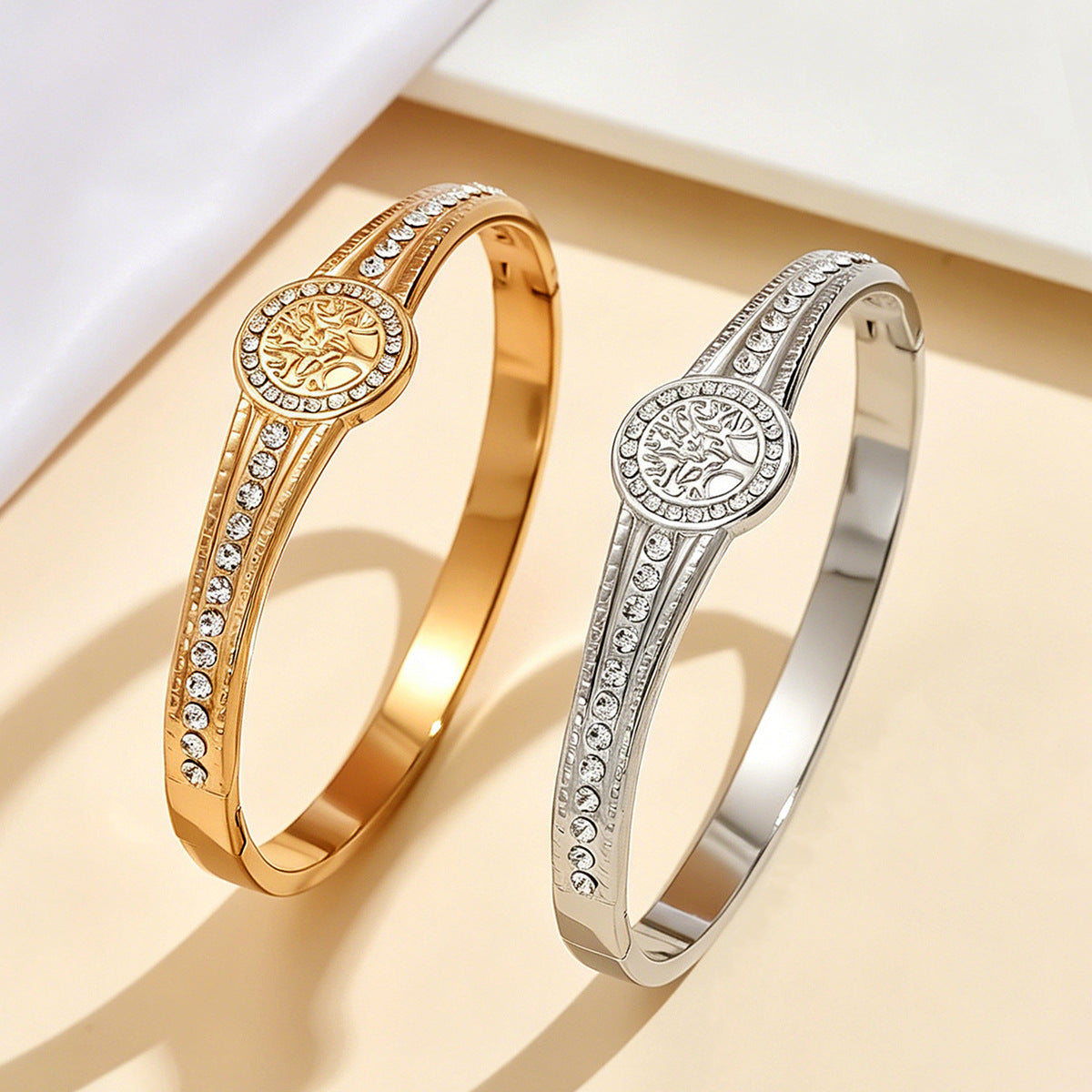 Wholesale 18K Gold Plated Stainless Steel Tree Of Life Cuff Bracelet With Zircon Jewelry Accessory For Resale