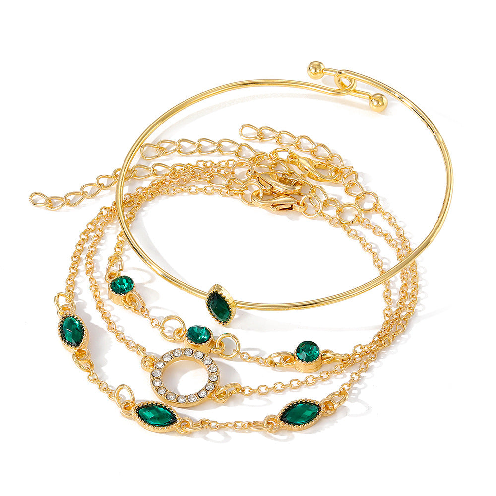 Wholesale Imitation Emerald Diamond Rhinestone Bracelet Set - 4 Piece Boutique Resale Fashion Accessory for Women