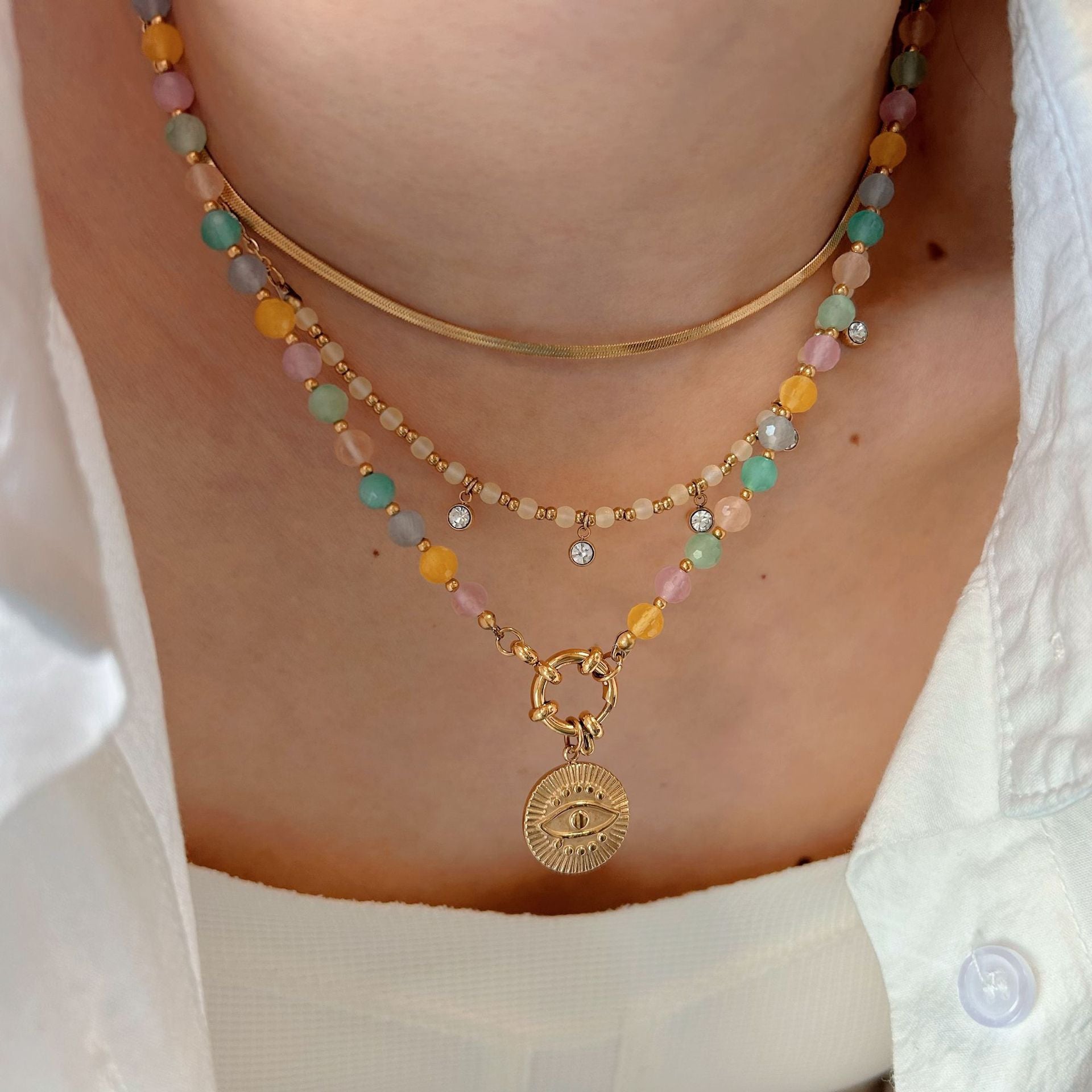 Wholesale Stainless steel Natural Stone Colorful Beaded Necklace