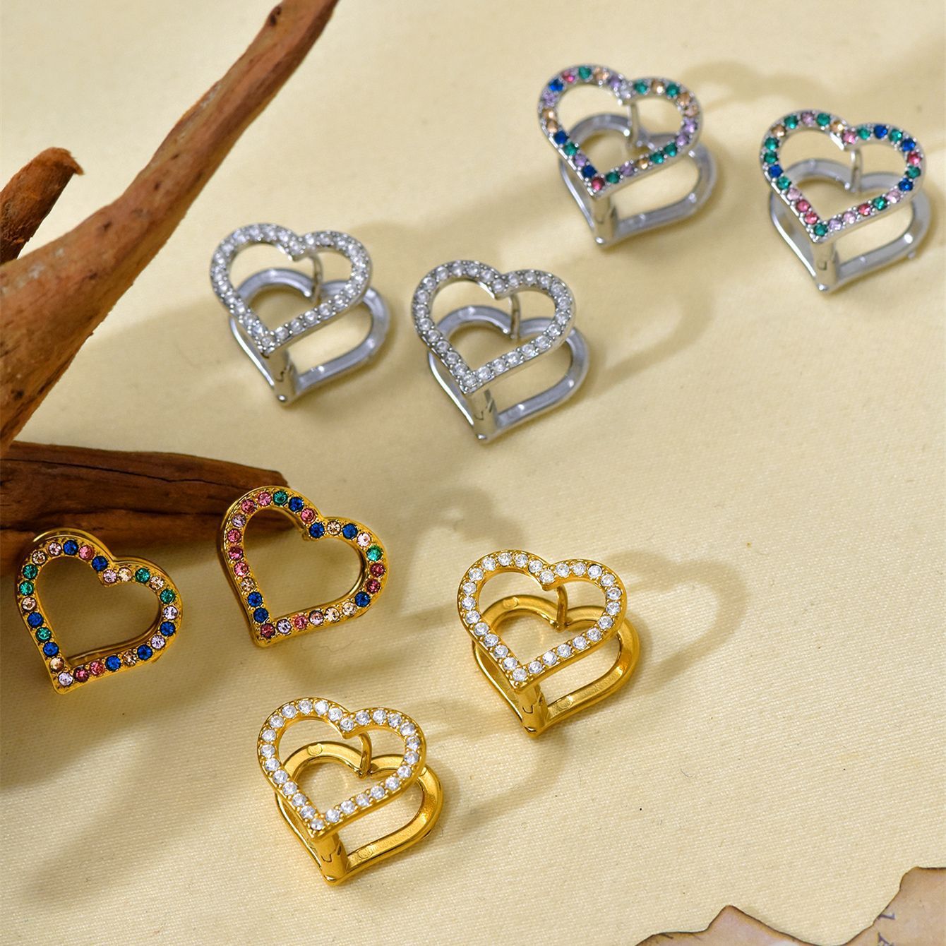 Wholesale  stainless steel double-sided love color zircon earrings