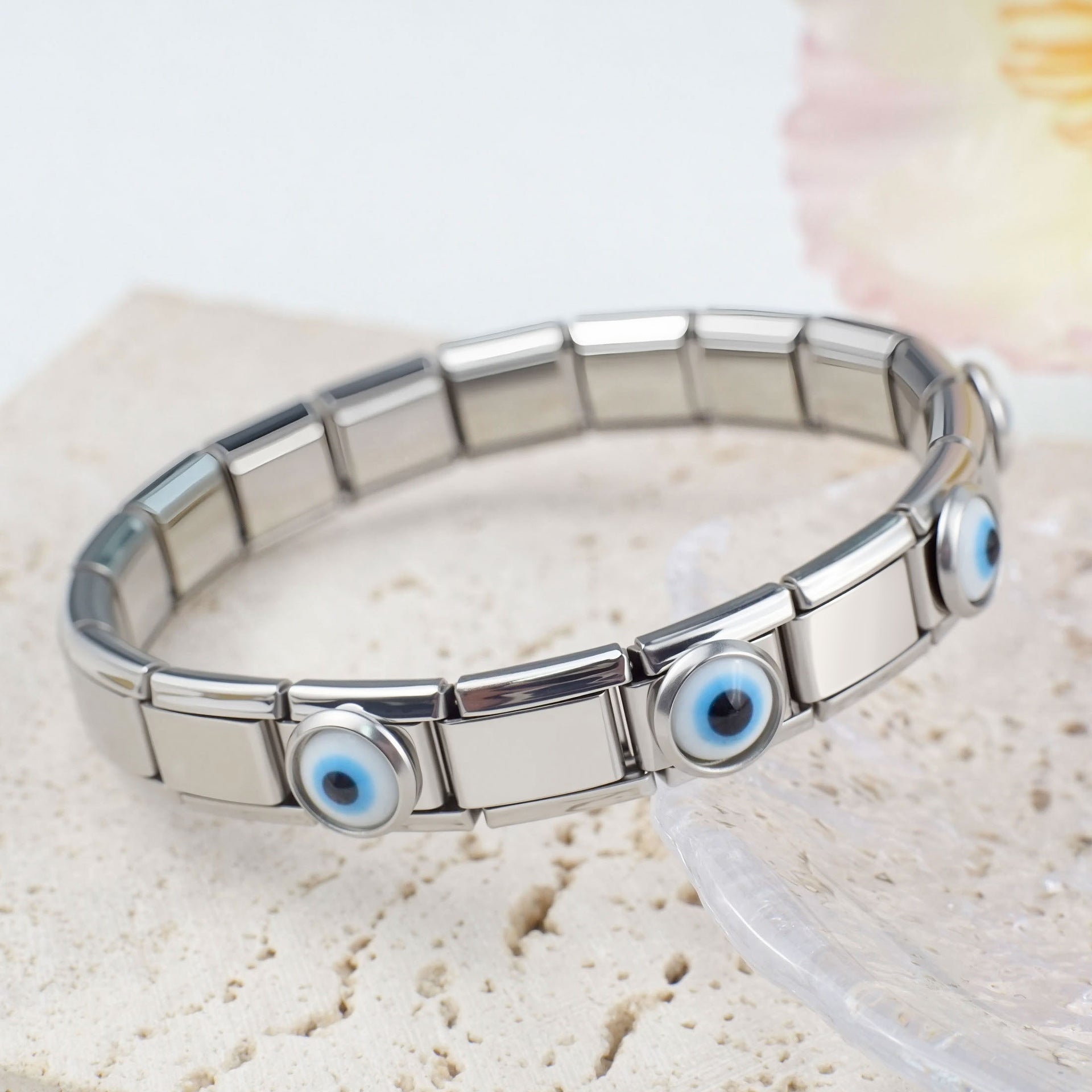 Wholesale 2pcs/pack 9mm Italian Charm Starter Bracelets DIY square Single Section Devil Eye Creative Stainless Steel Composable Bracelet