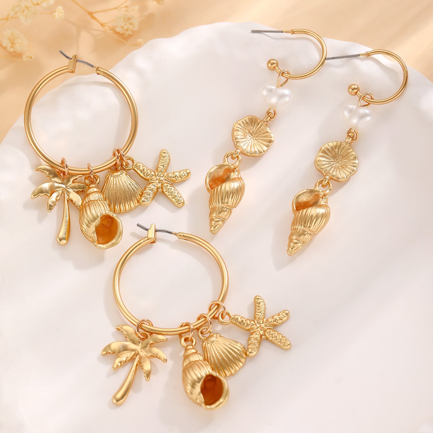 Wholesale Gold Tone Ocean Pearl Conch Starfish Earrings For Women Beach Vacation Fashion Jewelry Gift