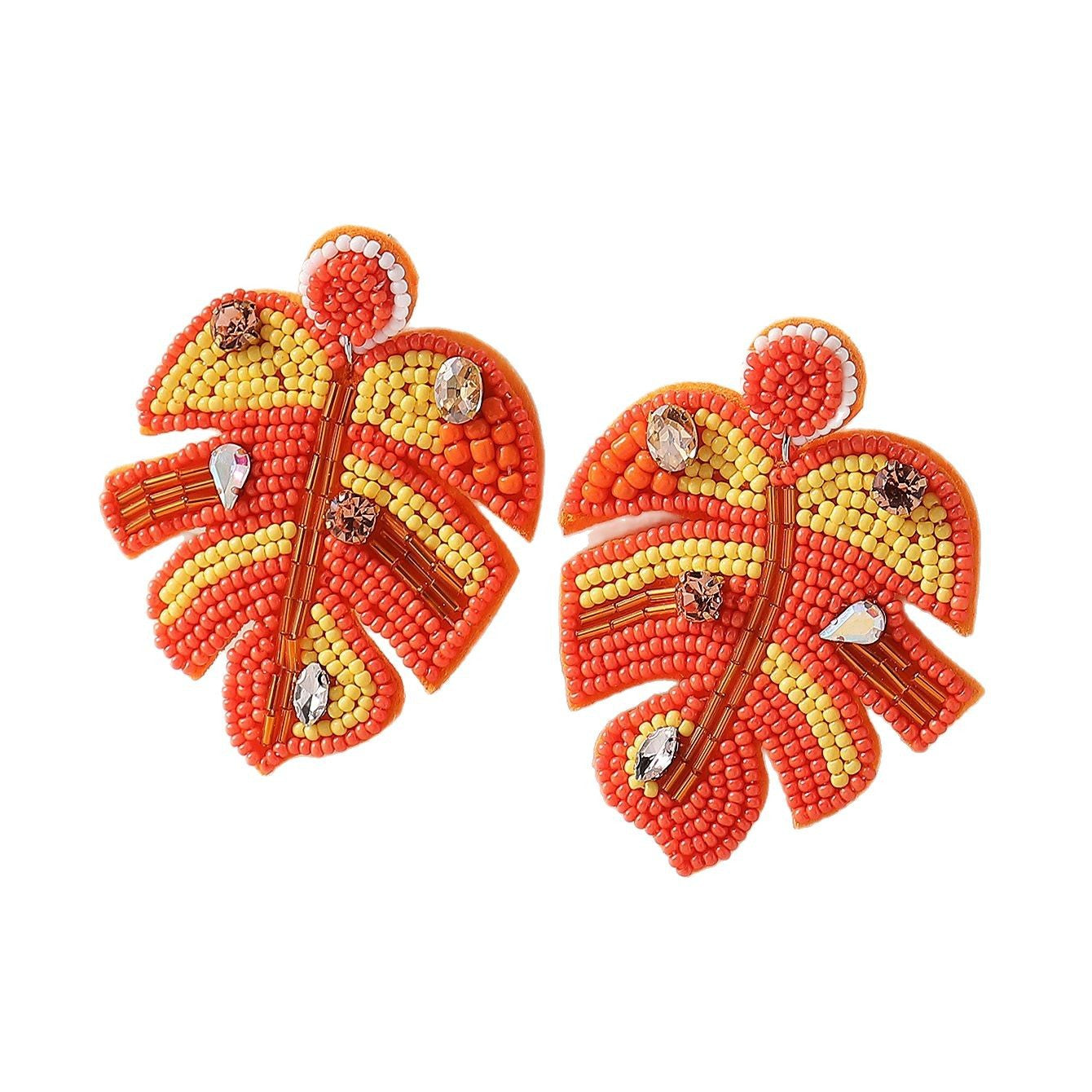 Wholesale Bohemian Leaf Fabric Rice Bead Earrings