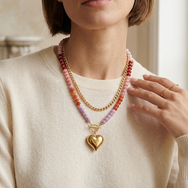 Wholesale Rainbow Layered Beaded Necklace Heart Pendant Natural Stone Titanium Steel Chain For Women Boutique Resale