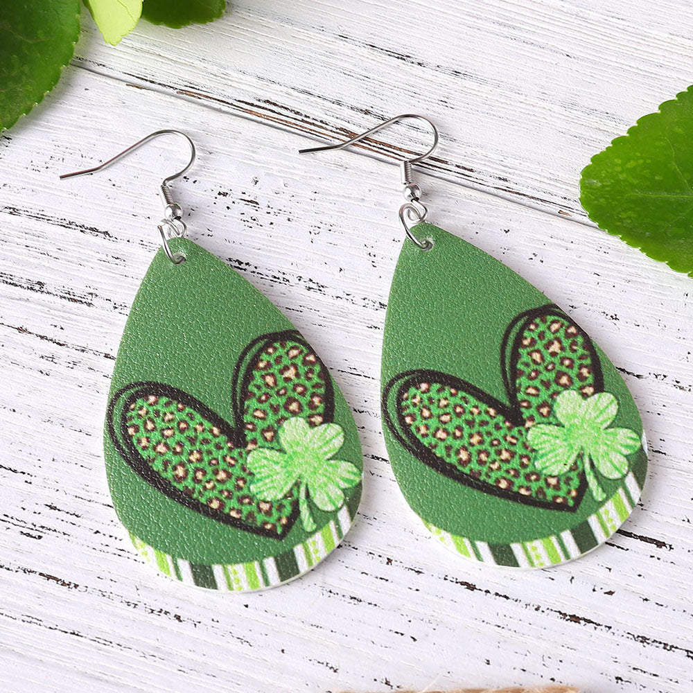 Wholesale St Patrick's Day  Green  leopard print love clover earrings