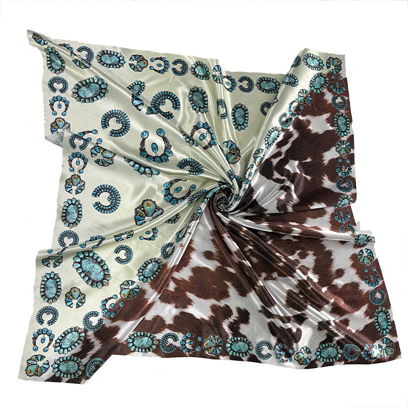 Wholesale Square Scarf Western Style Retro Printed Cow Pattern Turquoise Scarf