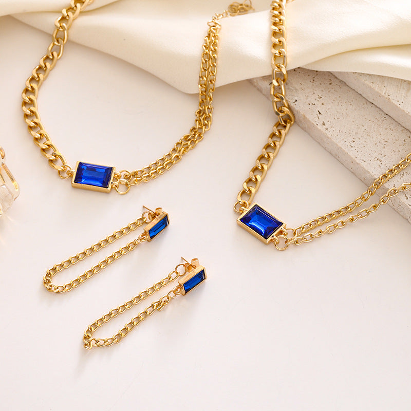 Wholesale Stylish Geometric Zircon Jewelry Set Blue Square Alloy Double Chain Layered Necklace Earrings Hand Accessory Everyday Boutique Resale