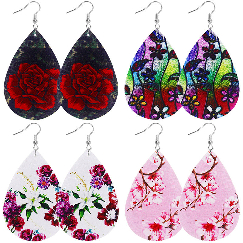 Wholesale flowers oil painting style ladies' teardrop leather earrings