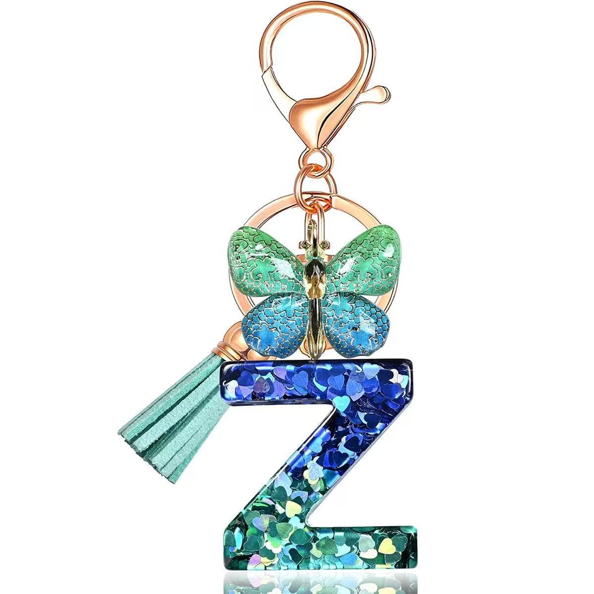 Wholesale Resin Alphabet Keychain With Butterfly Tassel Blue Gradient Vacation Style Fashion Accessory For Bags And Keys