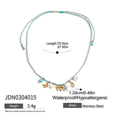 Wholesale 18K Gold Stainless Steel Pearl Shell Pink Oil Dripping Flower Cherry Necklace