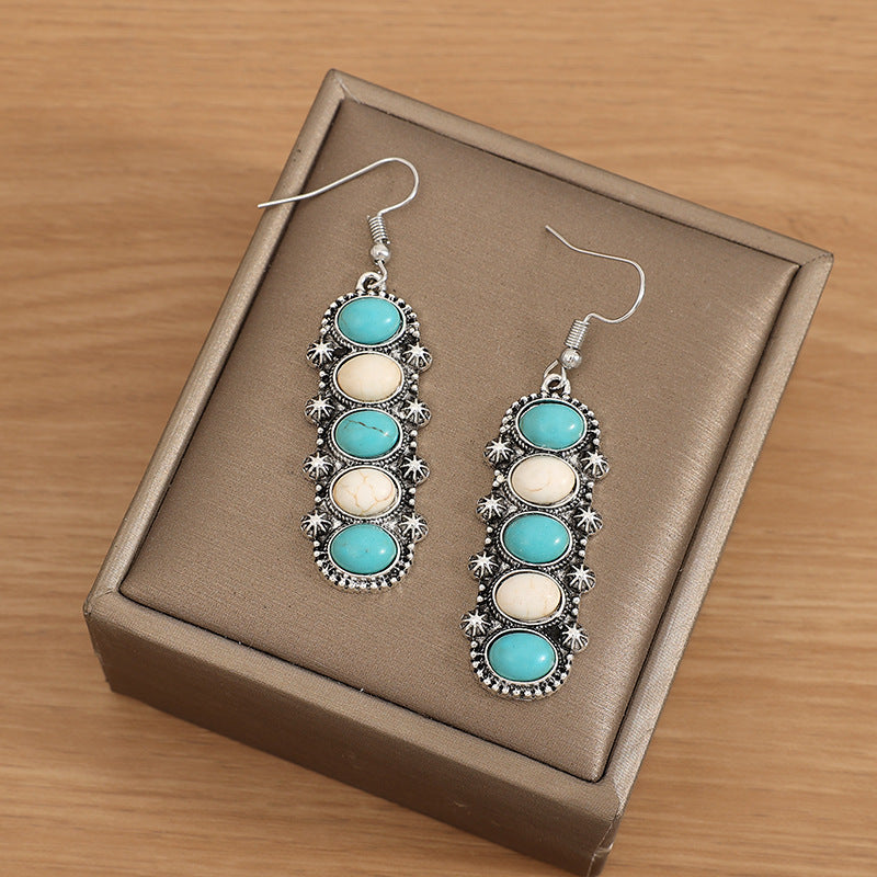 Wholesale Retro Ethnic Geometric Carved Pine Stone Earrings Fashion Accessory Gift Idea