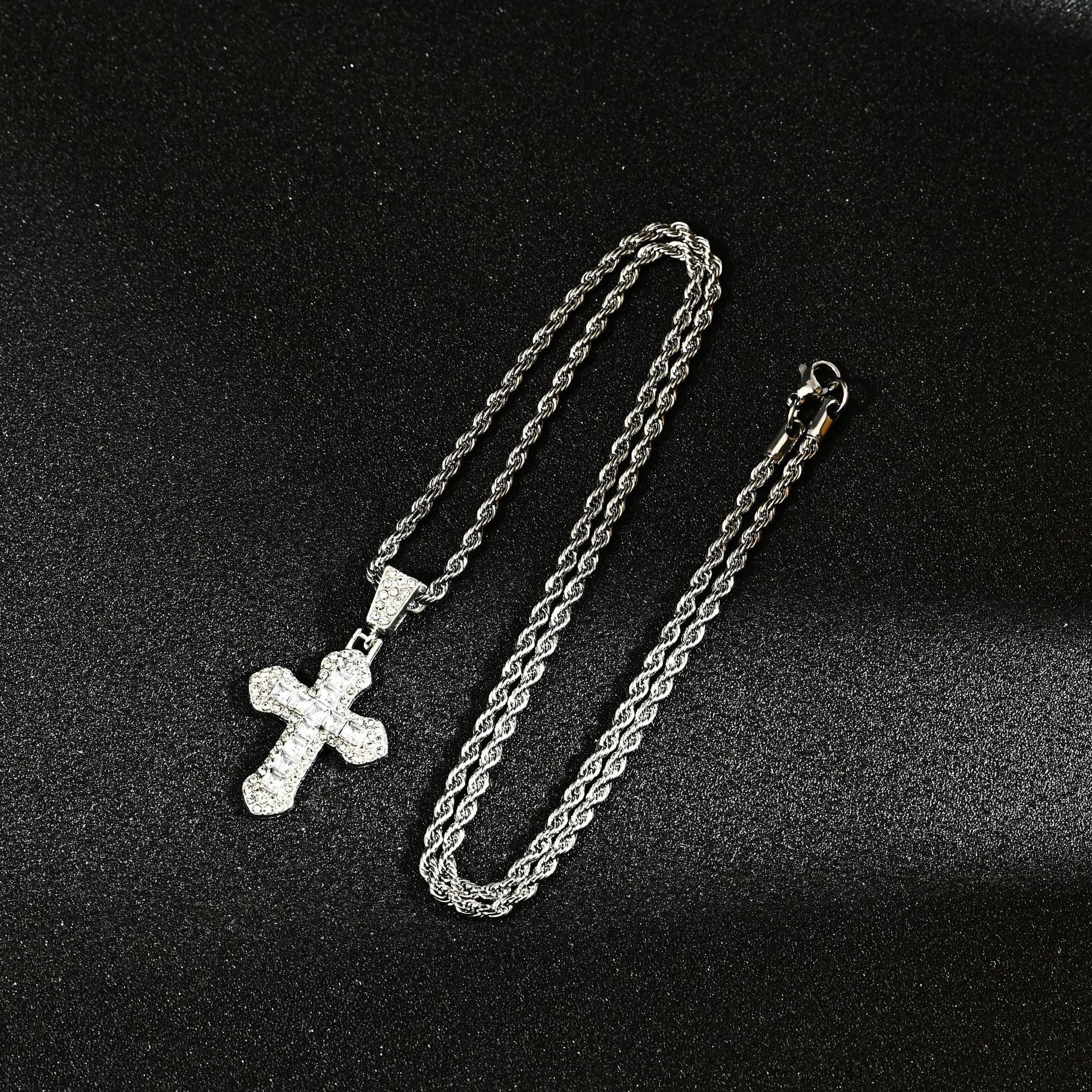Wholesale Titanium Steel Hip Hop Cross Pendant Necklace Zircon Studded Sweater Chain For Everyday Wear