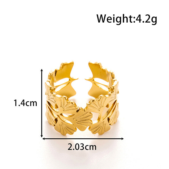 Wholesale Metal Advanced Sense Ginkgo Leaf Opening Titanium Steel Ring