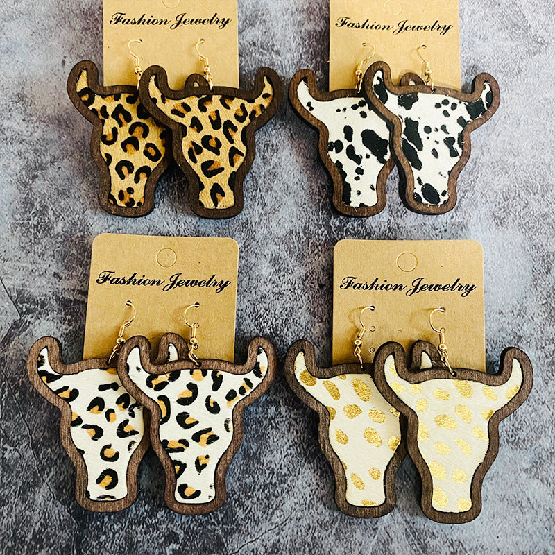 Wholesale Vintage Genuine Leather Western Bull Head Leopard Inlaid Wood Earrings ACC-ES-XinChuan065