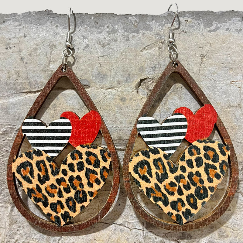Wholesale 2 Pairs/pack Valentine's Day Hollow Heart Leopard Print Wooden Earrings ACC-ES-HeYi001