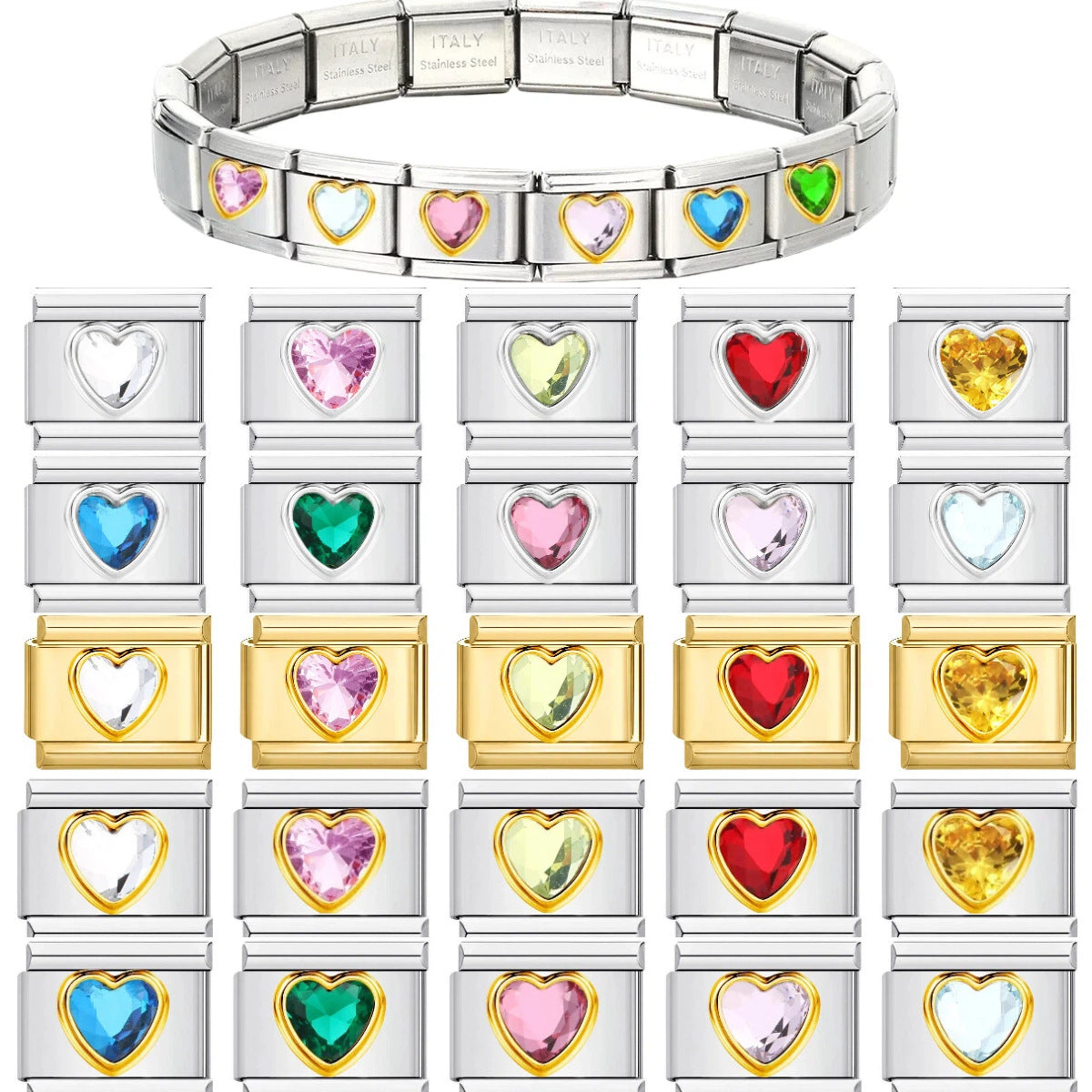 Wholesale DIY Italian Charms Bracelet in Titanium Steel with Rhinestone Hearts,  Fashion Jewelry Accessory