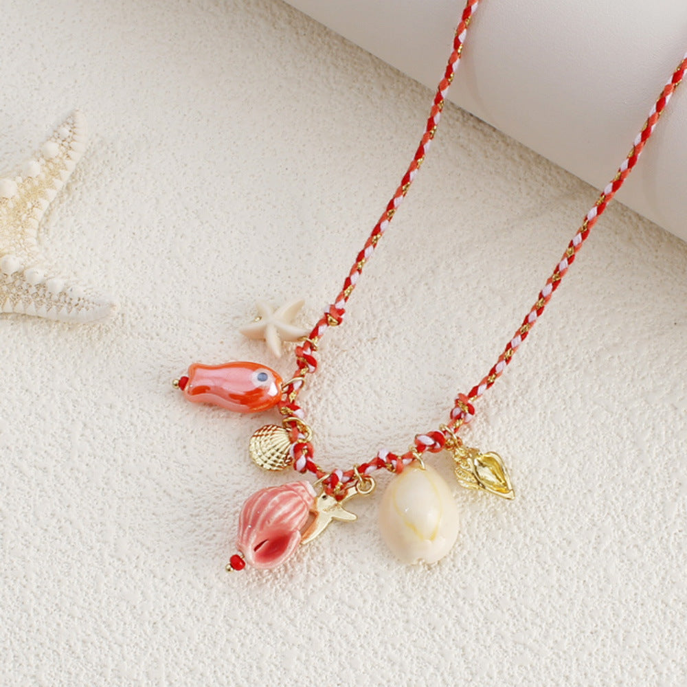 Wholesale  Summer Sea Wind Starfish Pearl Love Pendant Necklace