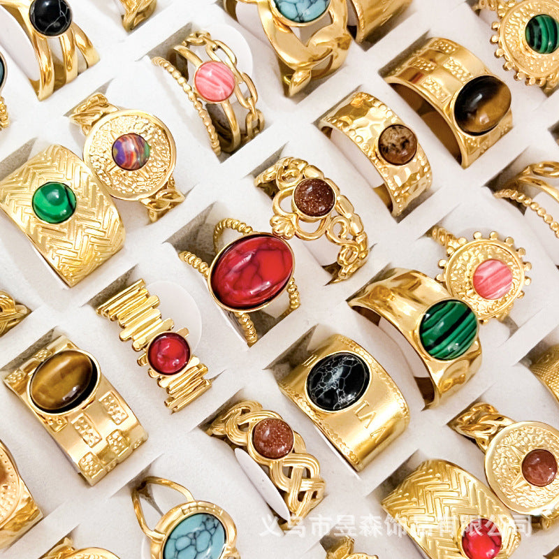Wholesale  10pcs/set  retro ring  natural stone stainless steel ring
