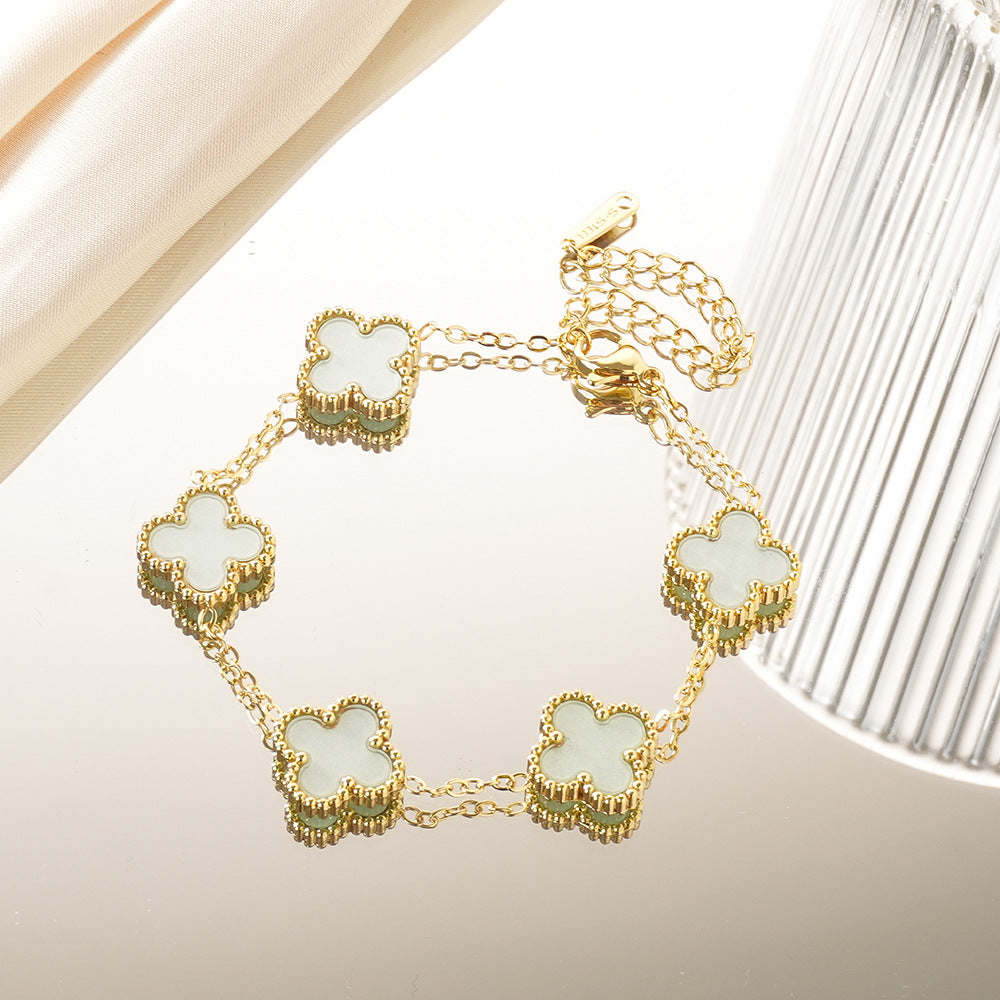 Wholesale Four-Leaf Clover Stainless Steel Bracelet Gold Plated Macaron Color Jewelry Accessory ACCVIP