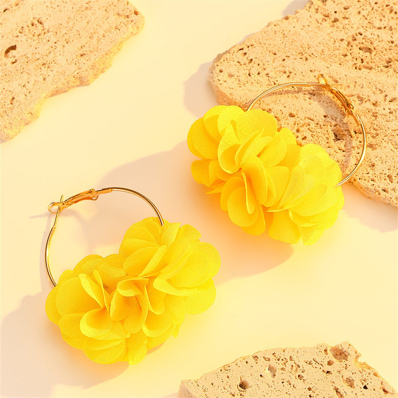 Wholesale Silver Needle Fabric Flower Tassel Earrings