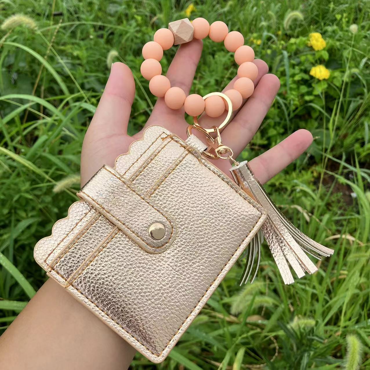 Wholesale Leopard Plaid Butterfly Card Holder Silicone Beaded Wristlet Keychain ACC-KC-QiuXue012