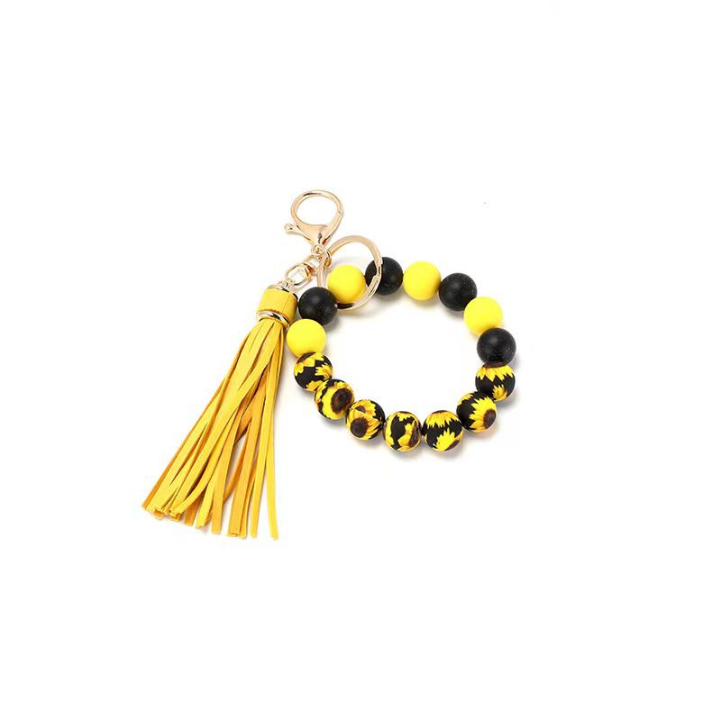 Wholesale Sunflower Printed Tassel Silicone Beaded Wristlet Keychain ACC-KC-JinAn017